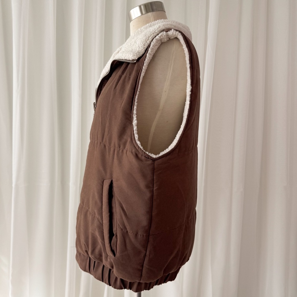 Reversible Puffer Vest Brown Cream Sherpa Fleece Cozy Layer Women's Medium - Picture 4 of 6